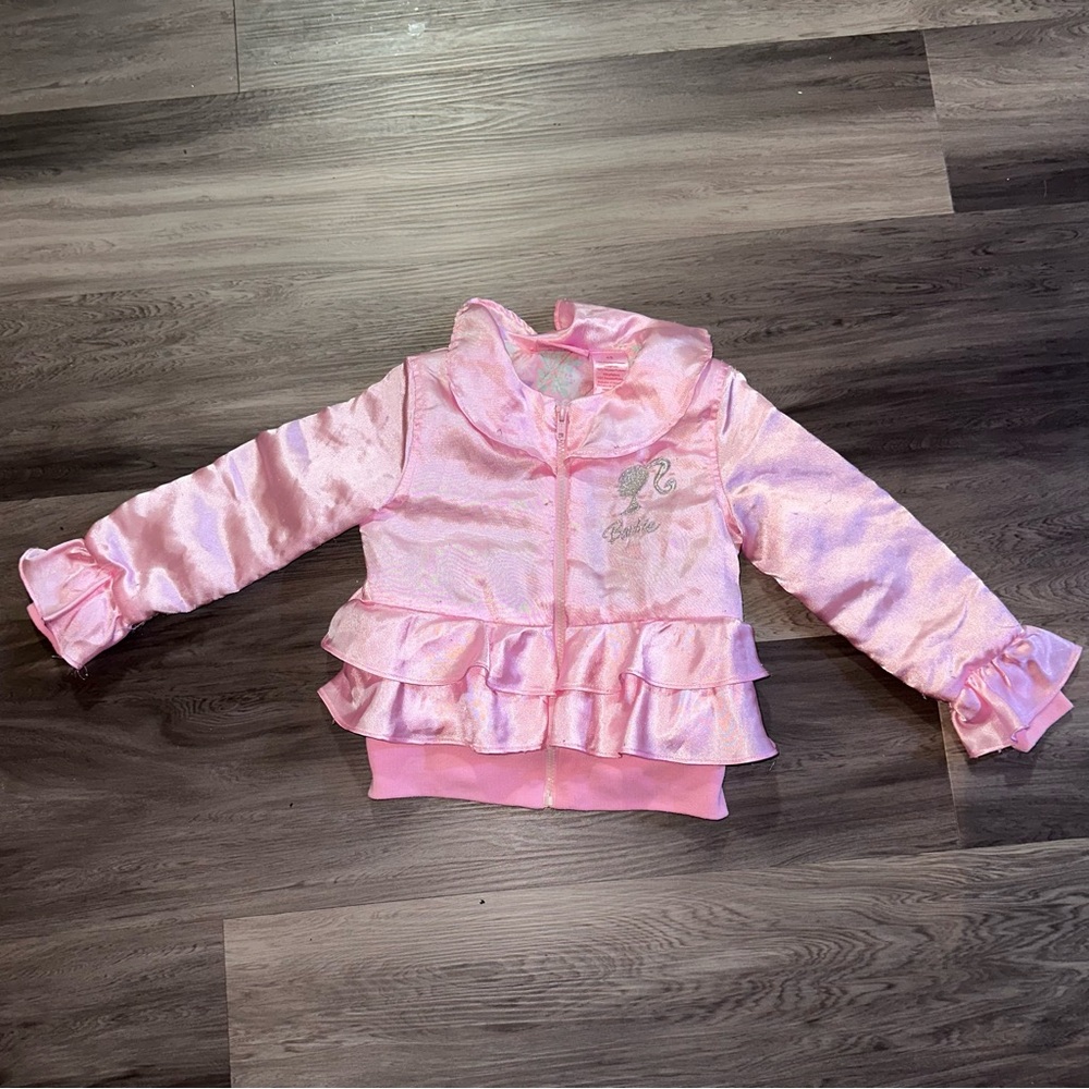barbie silhouette Size 4/5 shiny pink jacket silver stitching floral print lined